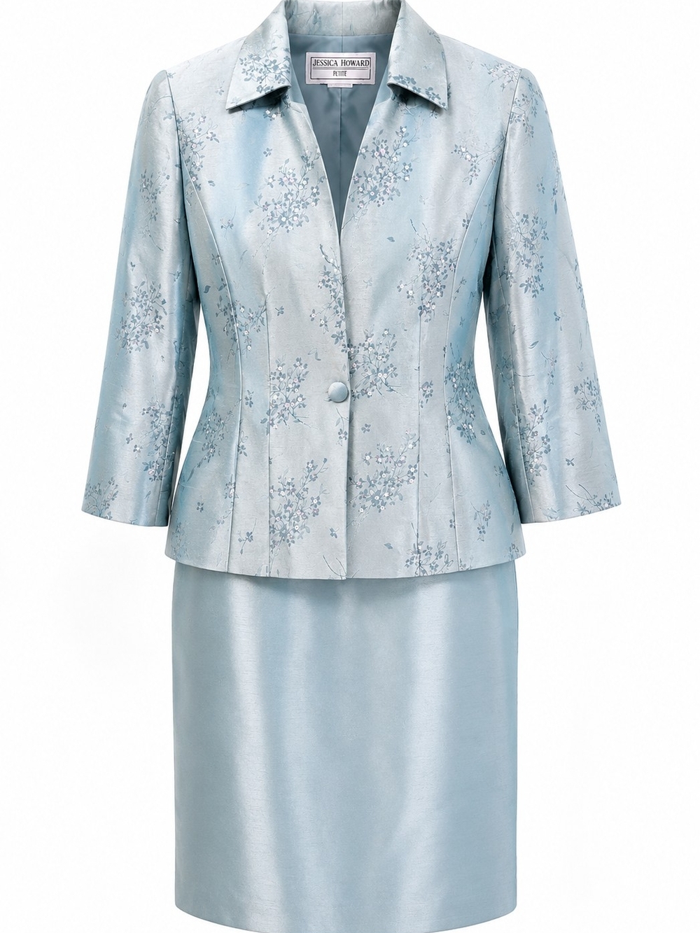 Jessica Howard Pale Blue Embroidered Satin Petite Jacket Sleeveless Dress
